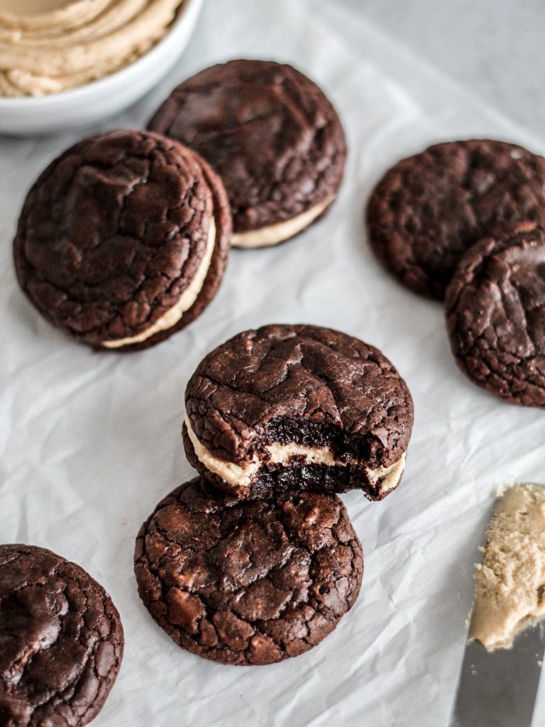 Brownie Sandwich Cookies with Peanut Butter Frosting (dairyfree) Sugared & Stirred